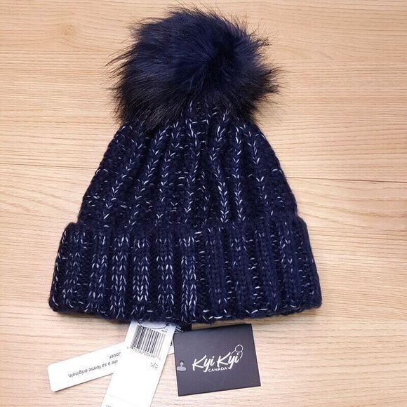 KYI KYI CANADA Womens Hat Blue Beanie Fold Up Chunky Knit Faux Fur Pom Pom $65 - Picture 2 of 5